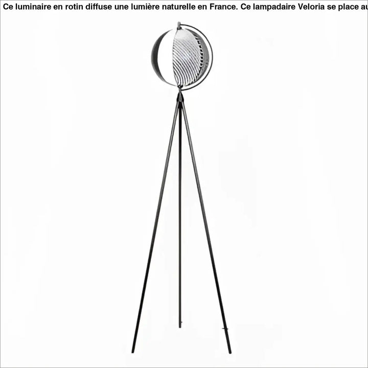 Lampadaire sur pied rotin noir avec abat-jour sphérique en verre nervuré et structure métallique côté d’un canapé
