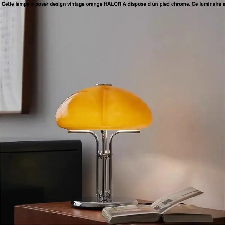 Lampe de table vintage orange en verre avec pied chrome