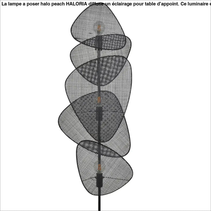 Lampe à poser halo peach noire en maille avec structure plumes et éléments disques organiques superposés