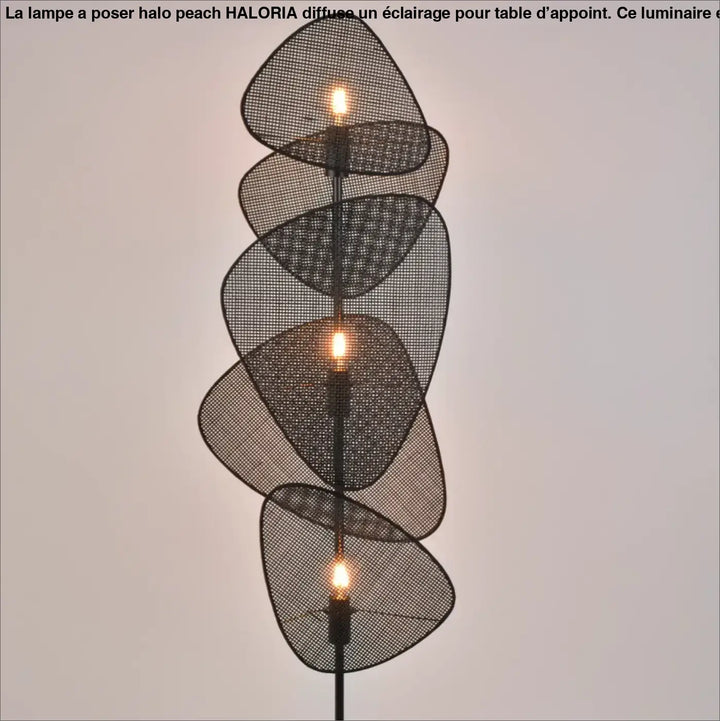 Lampe a poser poser halo peach noire en métal mesh avec trois ampoules éclatantes intégrées dans des disques en forme de feuilles