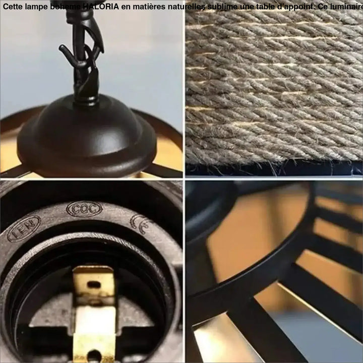 Lampe boheme suspension en fer forgé noir avec abat-jour en corde texturée et composants en laiton pour table d’appoint en matières naturelles