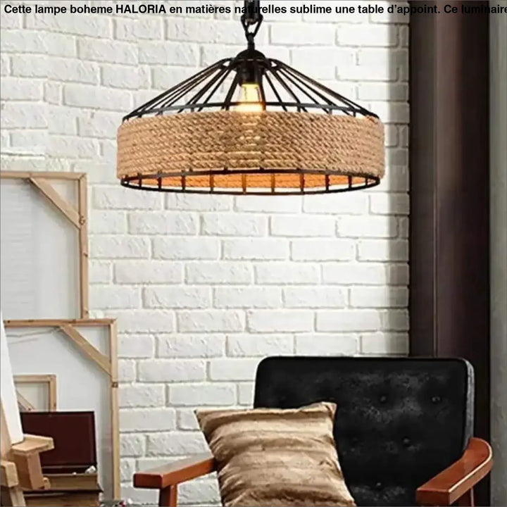 Lampe boheme lampe suspension en rotin et métal noir avec ampoule chaleureuse idéale pour table dappoint en matières naturelles