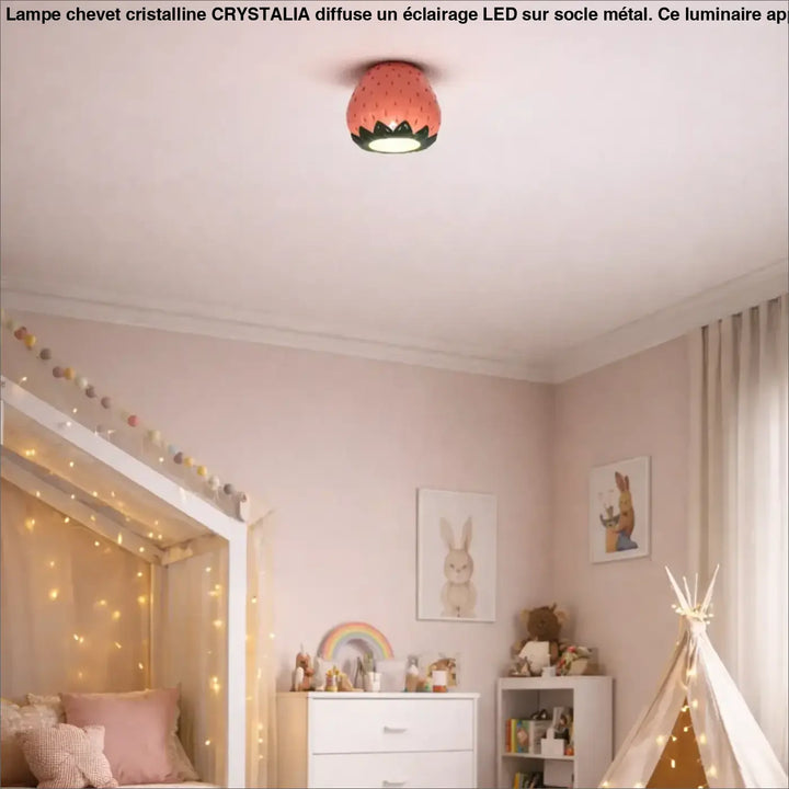 Luminaire plafonnier berry en forme de fraise rouge et verte avec un design cosy émettant une lumière chaleureuse