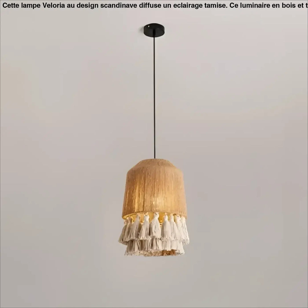 Suspension luminaire warm-toned en corde naturelle avec ombre tissée et franges décoratives blanches douces