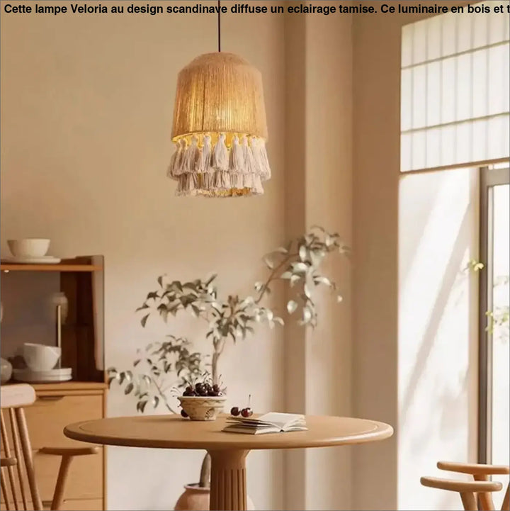 Suspension luminaire warm-toned en corde naturelle avec franges décoratives tissées et pompons sous le luminaire bohobo