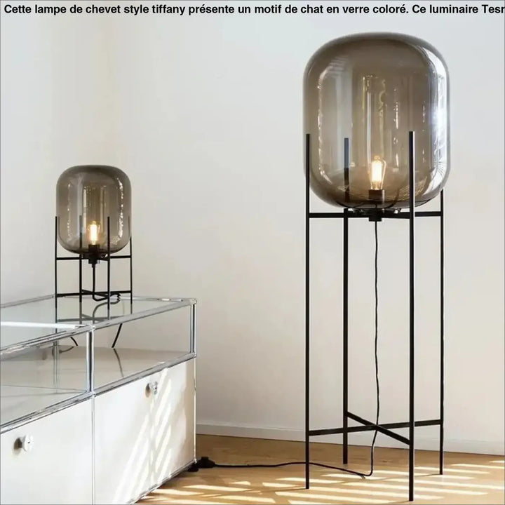 Lampadaire vito avec cadre métallique noir et abat-jour fumé arrondi effet abat-jour ambre pour espace moderne