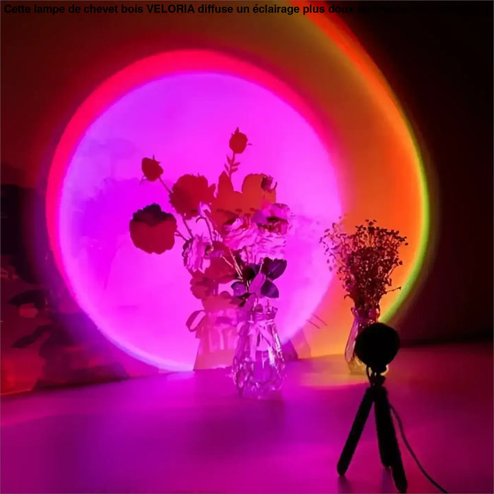 Lampe de chevet bois veloria avec diffuseur de lumière arc-en-ciel circulaire pour un éclairage plus coloré sur table d’appoint