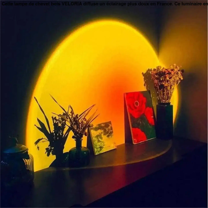 Lampe de chevet bois VELORIA avec éclairage plus jaune circulaire pour table d’appoint ambiance chaleureuse