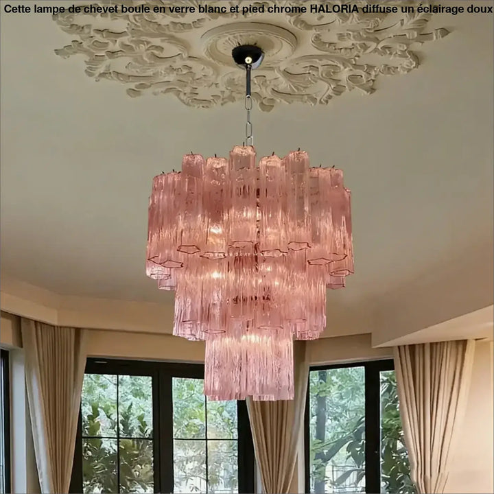 Suspension luminaire pinky en verre rose à plusieurs étages avec design texturé pour salle à manger élégante