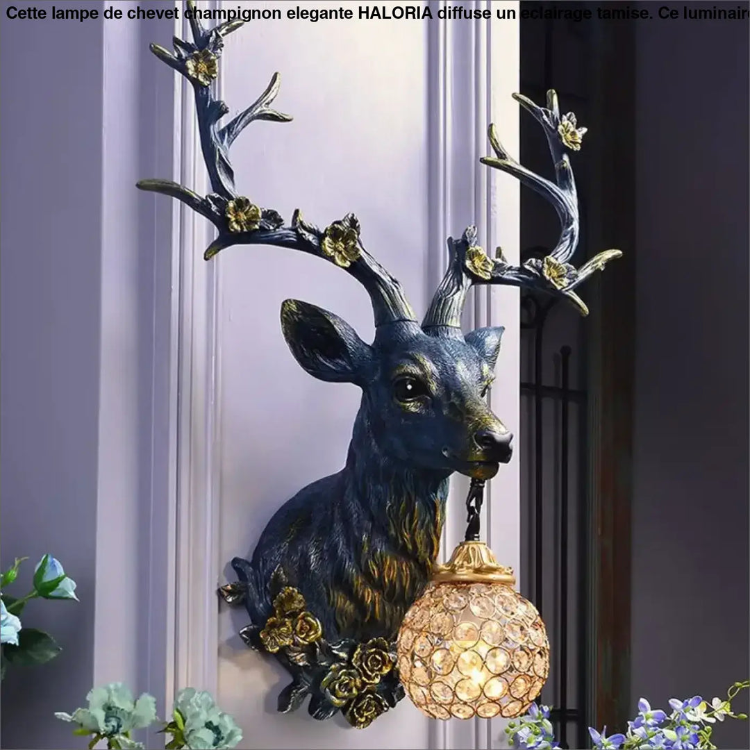 Applique murale cerfia en forme de tête de cerf antique avec antlers bronze et fleurs dorées, globe en cristal luminaire
