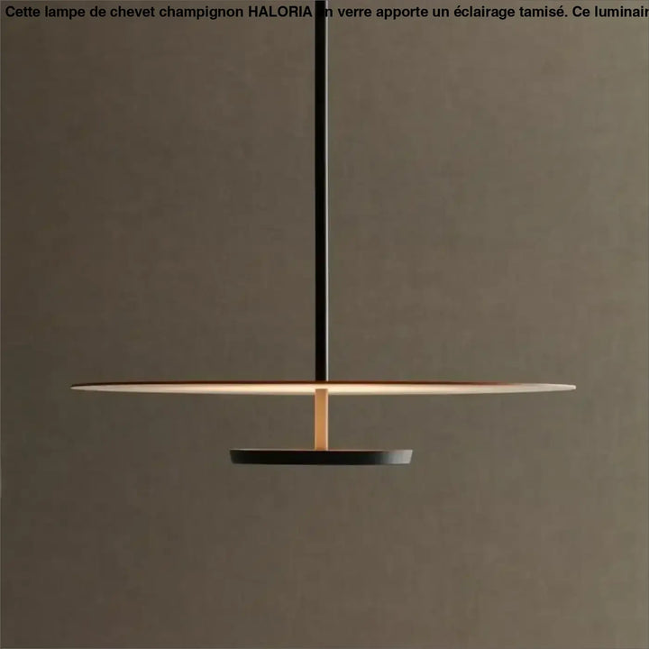 Suspension luminaire articire avec tige noire élégante, diffuseur circulaire chaud et base finition mate