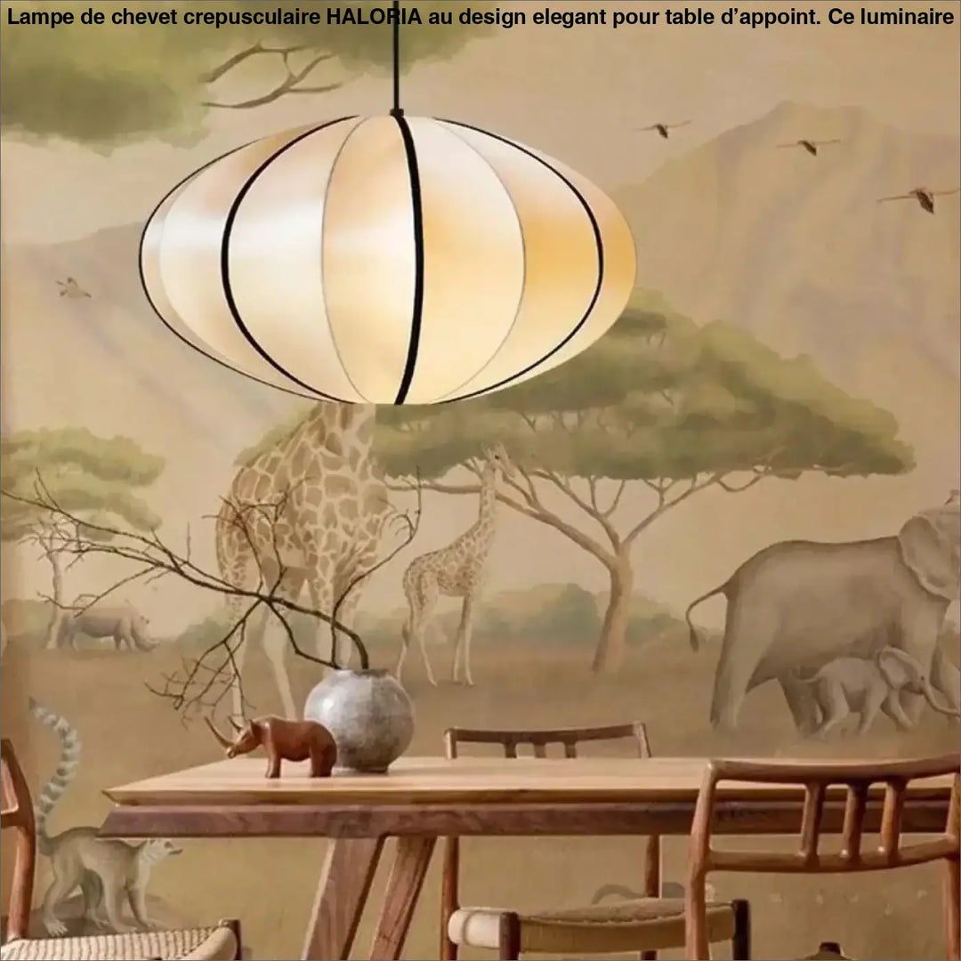Suspension luminaire veluma avec abat-jour ovale translucide segmenté et lignes noires fines accentuant une lumière chaude douce