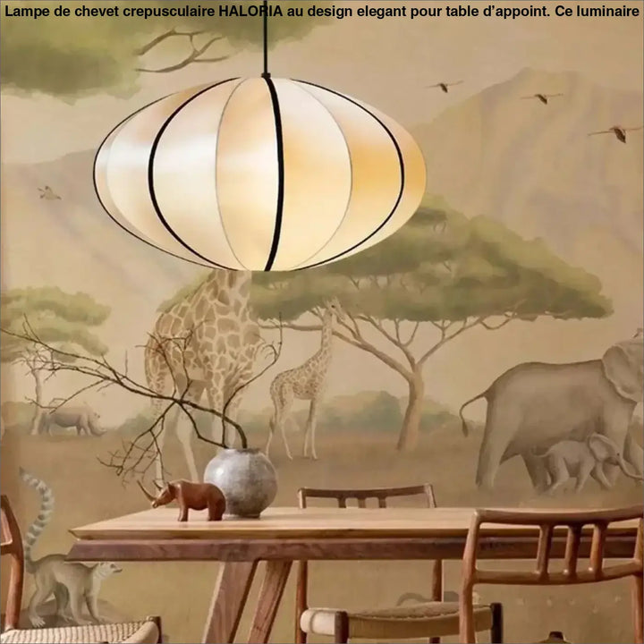 Suspension luminaire veluma avec abat-jour ovale translucide segmenté et lignes noires fines accentuant une lumière chaude douce