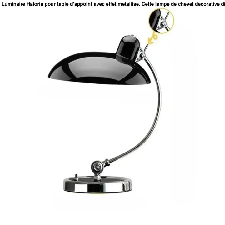 Lampe de table moderne arcane en métal noir laqué avec bras chromé courbé et base circulaire
