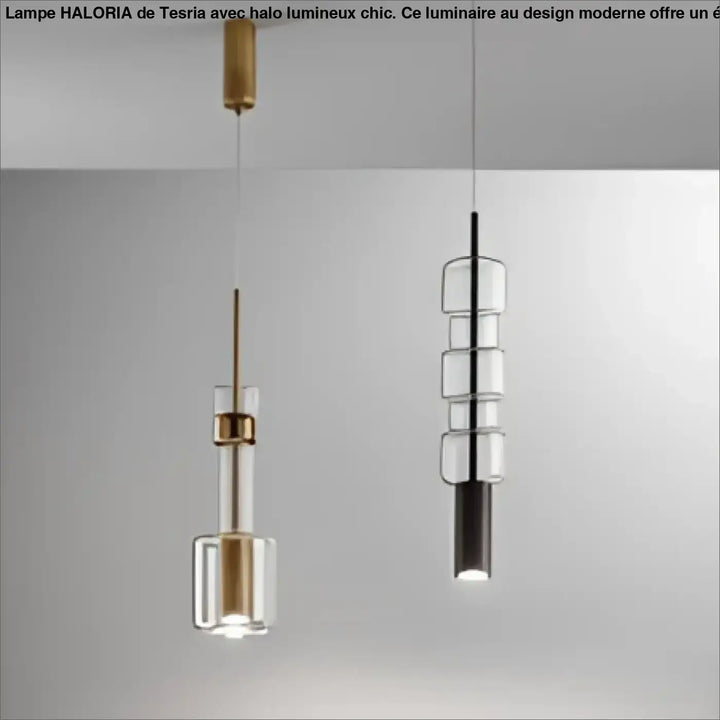 Deux suspensions luminaires décoratives vitria en verre soufflé avec finitions or et noir et cubes transparents