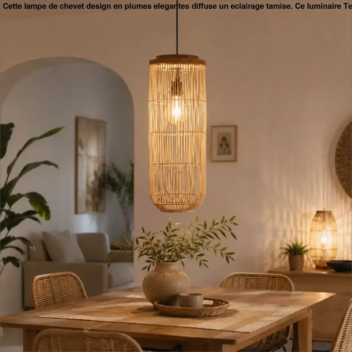Suspension luminaire cylindrique nyra en rotin naturel avec une ampoule chaude pour décoration intérieure style bohème