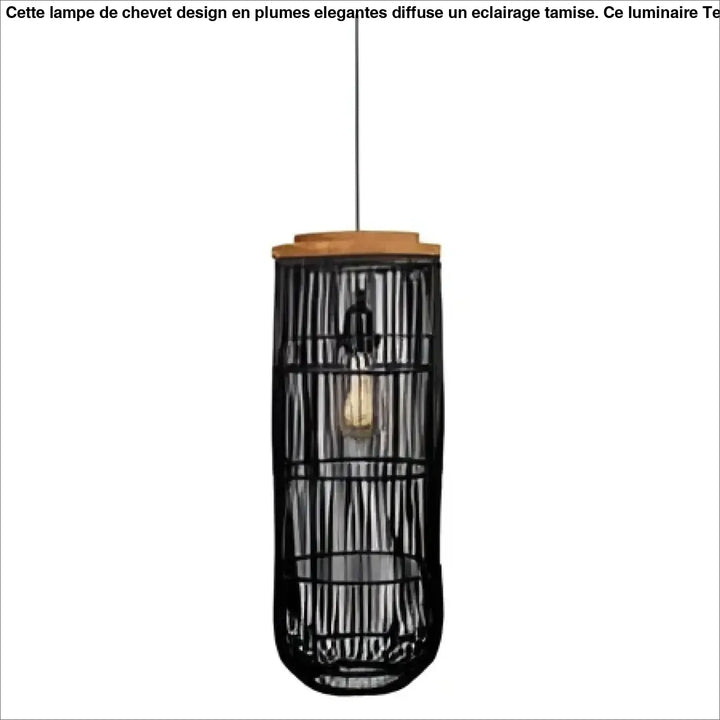 Suspension luminaire nyra en rattan tressé noir avec dessus en bois chaleureux et ampoule apparente pour décoration intérieure style bohème