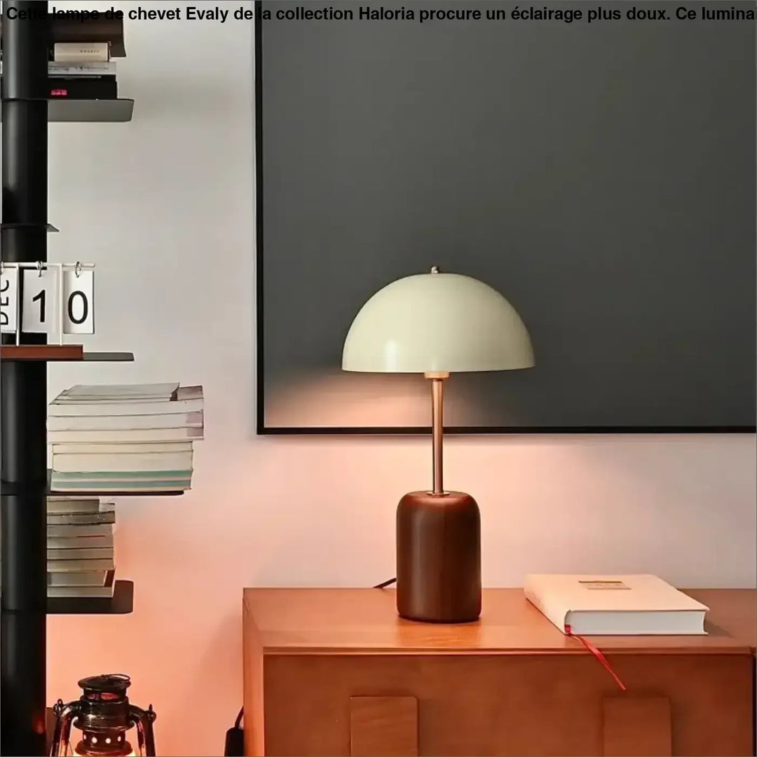 Lampe de chevet evaly avec abat-jour blanc mat et base en bois marron design contemporain lumière douce