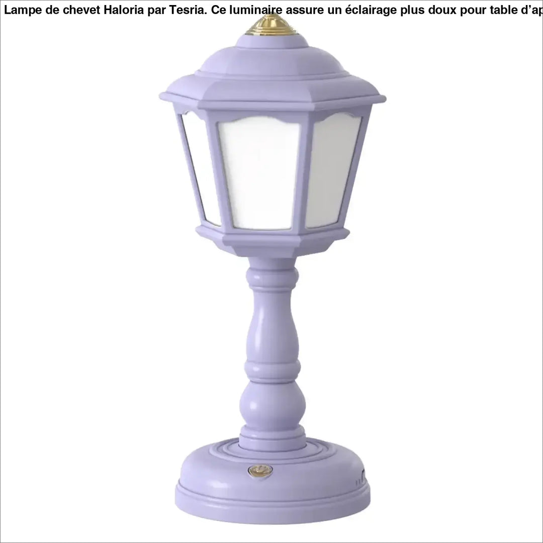 Lampe de chevet mims décorative vintage couleur lavande avec panneau en verre dépoli et finial doré