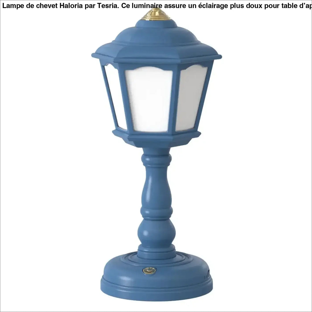 Lampe de chevet mims bleue style vintage avec panneau en verre blanc et accents dorés pour chevet décorative vintage