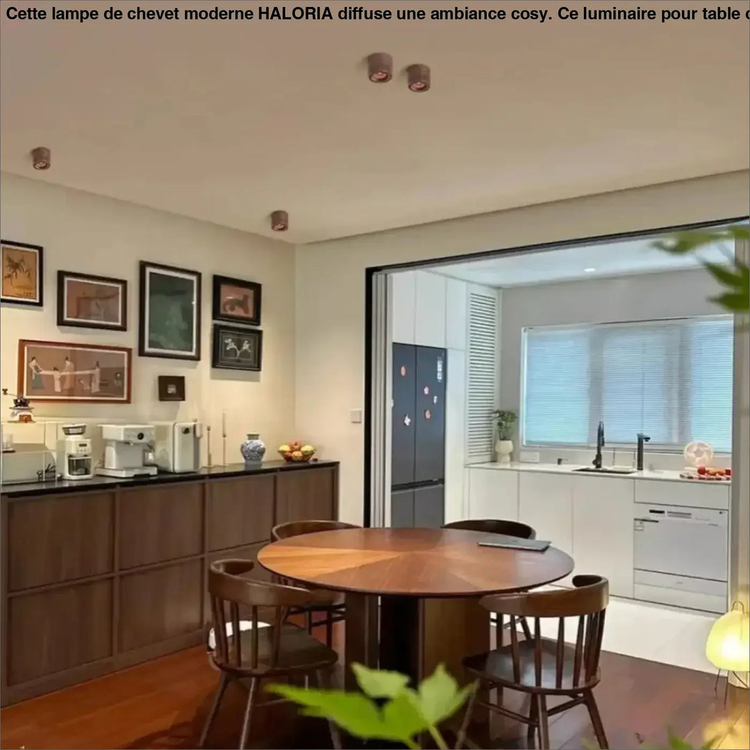 Table à manger ronde en bois foncé avec chaises assorties pour luminaire plafonnier kryo avec flux lumineux d’un variateur