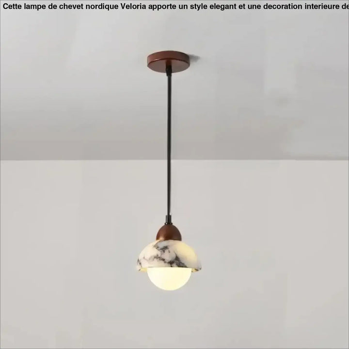 Suspension luminaire gaïa avec perles minérales en pierre marbrée blanche et grise et ampoule chaleureuse suspendue au plafond en bois