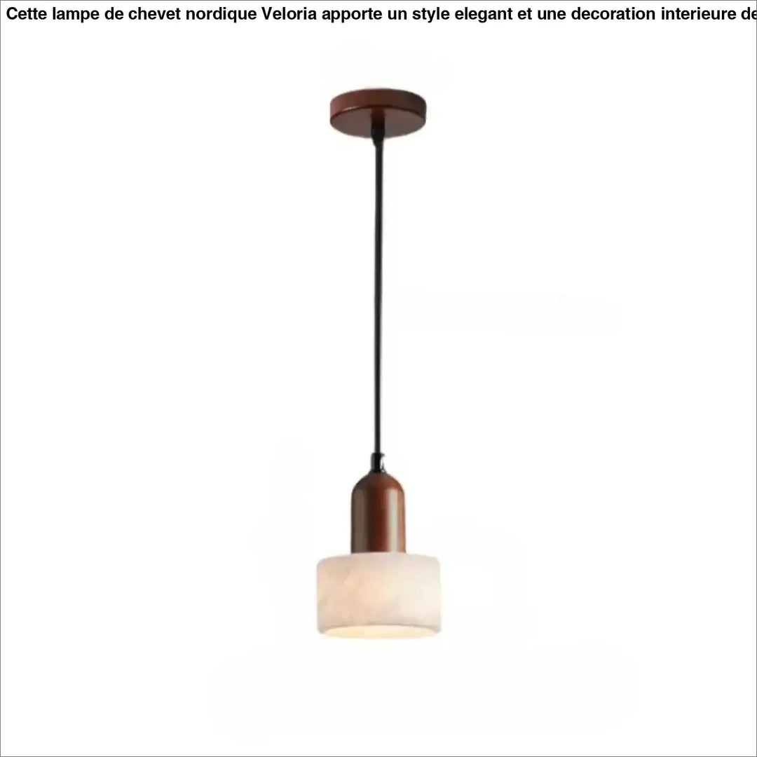 Suspension luminaire gaïa avec monture en bois brun chaud, cordon noir et abat-jour cylindrique en verre dépoli pierre marbrée