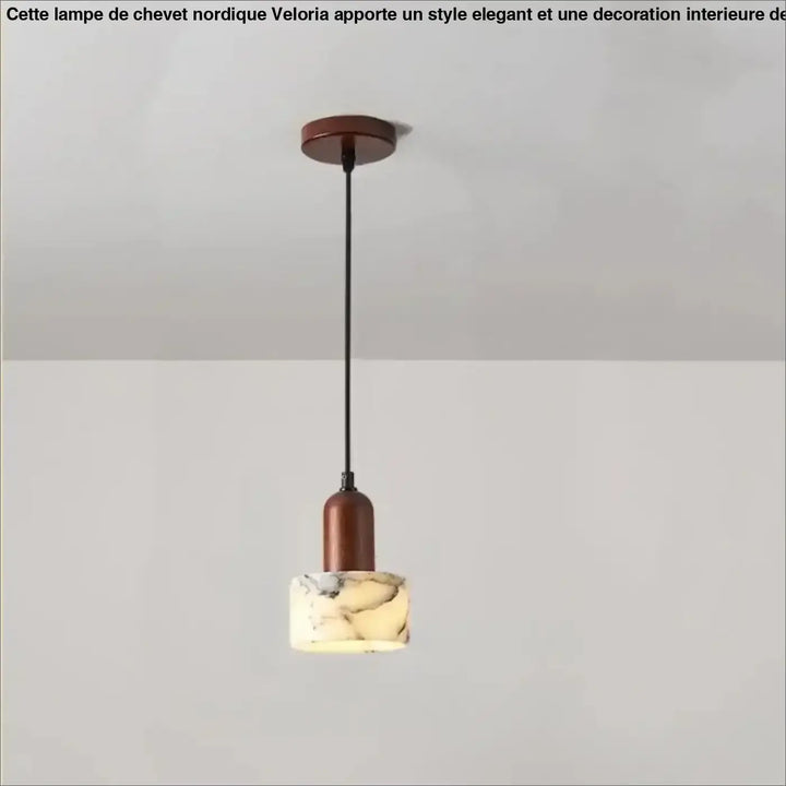 Suspension luminaire gaïa avec tige en bois chaud et abat-jour en pierre marbrée blanc et gris élégant suspendu par cordon noir