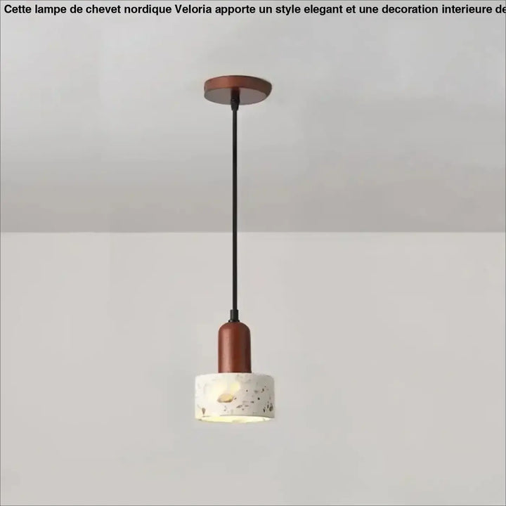Suspension luminaire gaïa avec abat-jour cylindrique en pierre marbrée et accents cuivre suspendue par corde noire
