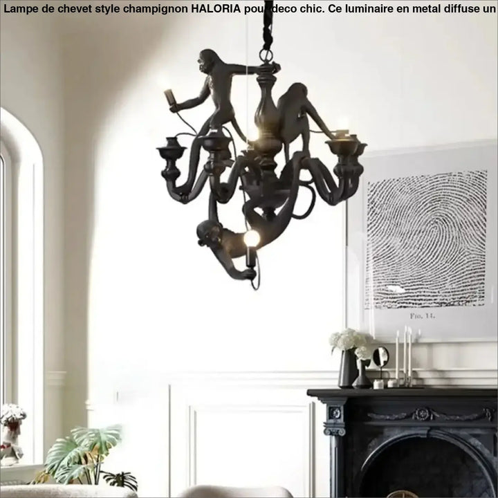 Lustre contemporaine en bronze foncé avec singes sculptés et lustre à plusieurs lampes style bougie pour lallure animée