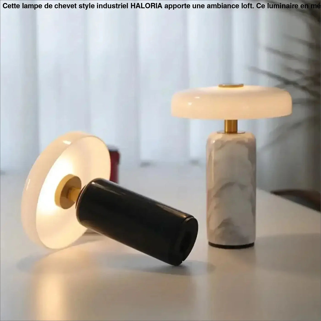 Lampe de table marbelia avec base cylindrique en marbre et abat-jour en verre dépoli diffusant une lumière chaude