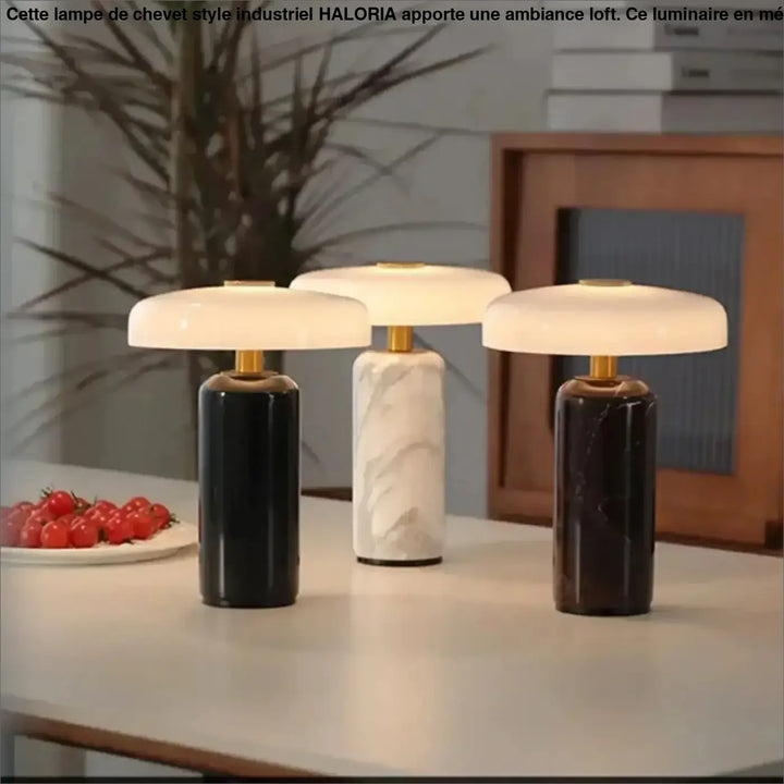 Lampe de table marbelia avec bases cylindriques en marbre noir blanc et marron foncé et abat-jours blancs diffusants