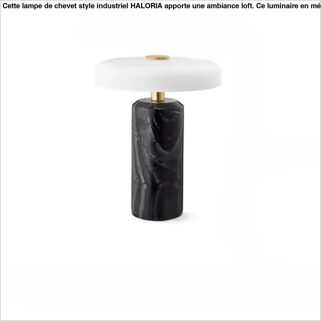 Lampe de table marbelia en marbre noir avec abat-jour blanc circulaire et accents dorés élégants