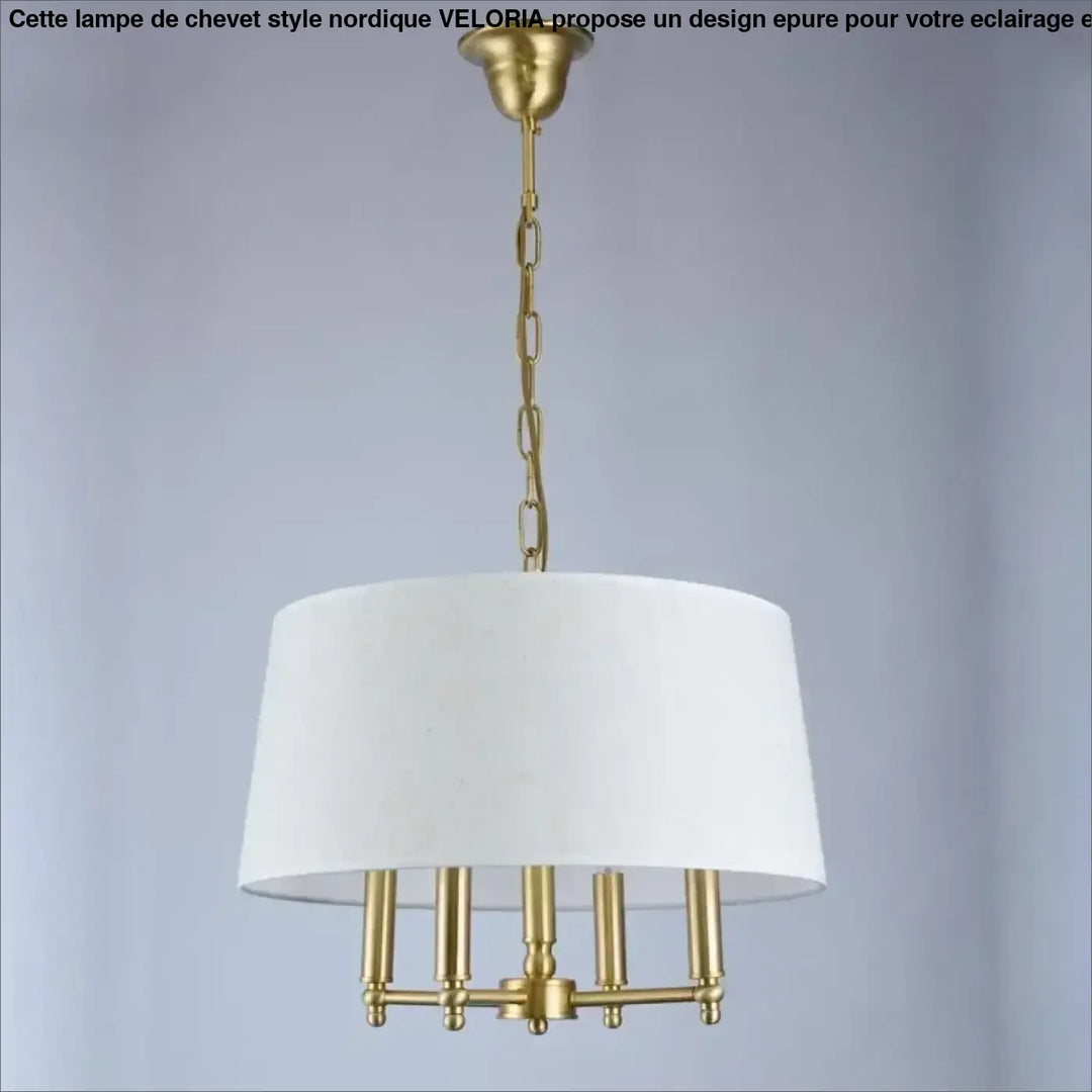 Suspension luminaire winfordo en laiton avec abat-jour en tissu blanc et cinq bras candélabres pour salle à manger élégante