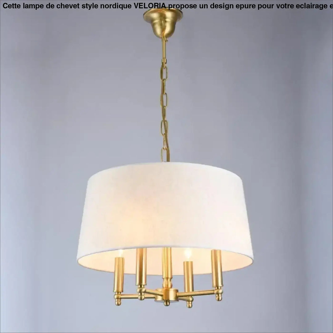 Suspension luminaire winfordo en finition or avec abat-jour en tissu blanc et quatre ampoules chandelle pour salle à manger élégante
