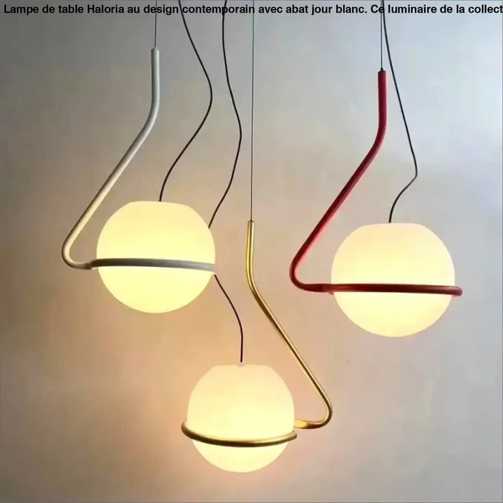 Suspension luminaire asim avec bras asymétrique en métal argent or rouge et globe opalin lumineux moderne