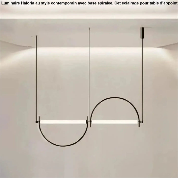 Suspension luminaire noir en métal minimaliste avec deux barres horizontales incurvées et éclairées arc