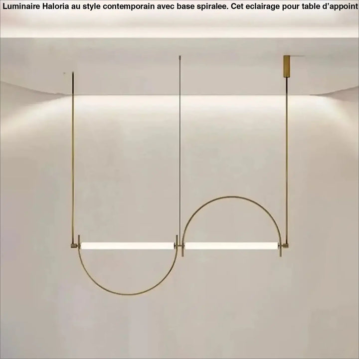Suspension luminaire modern minimalist avec deux barres led horizontales suspendues par tiges en laiton finition métallique chaude