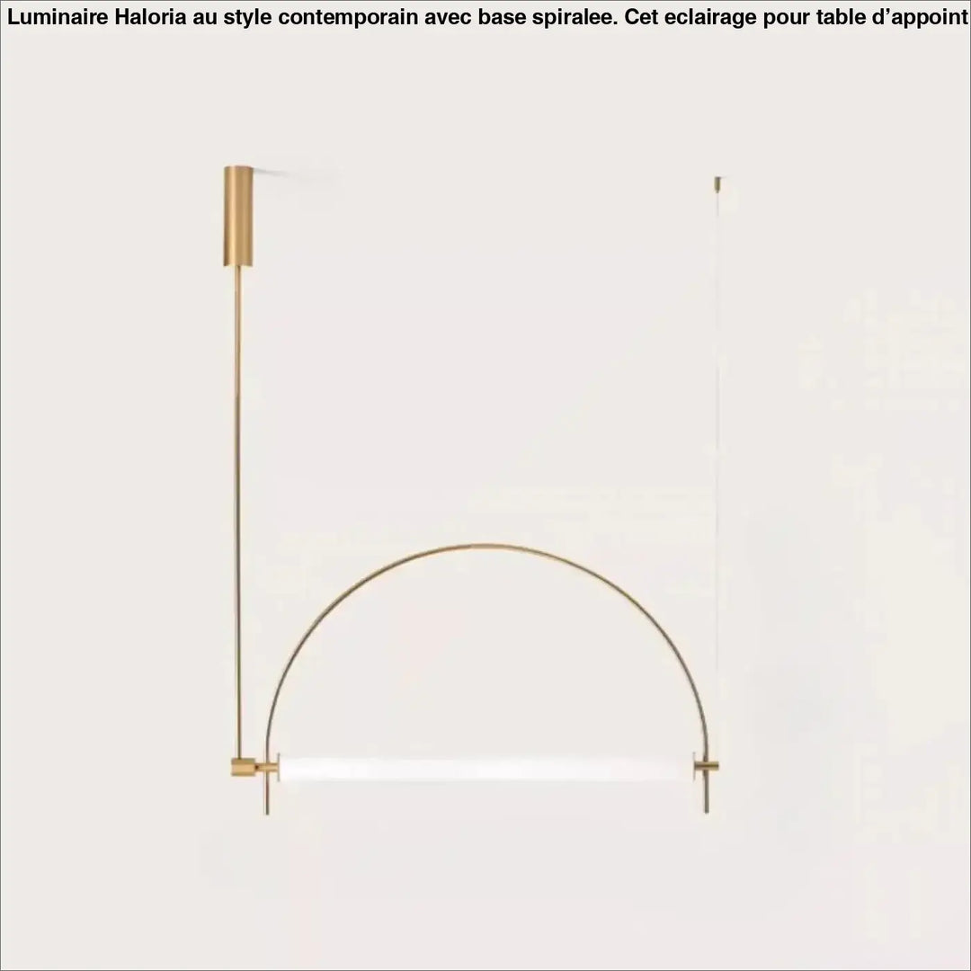 Suspension luminaire arcico minimaliste en ton or avec bras incurvé et barre lumineuse blanche translucide