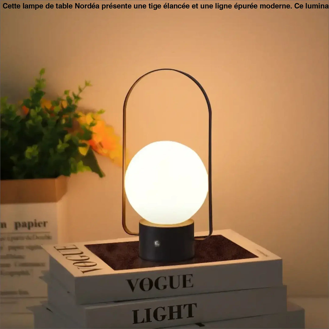 Lampe de table archelia avec sphère lumineuse blanche et arche métallique élégante noire minimaliste
