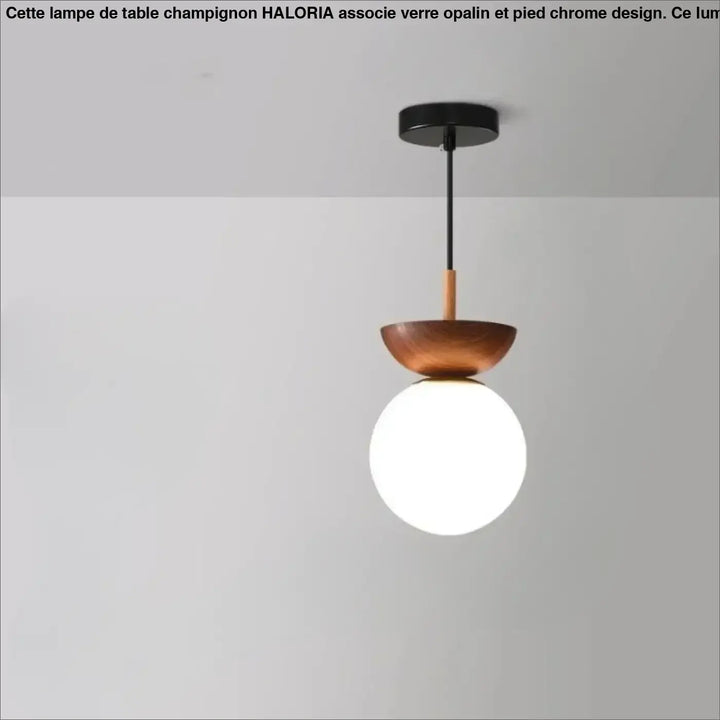 Suspension luminaire sinoa avec bol en bois ton chaud, verre opale et fixation noire style scandinave moderne
