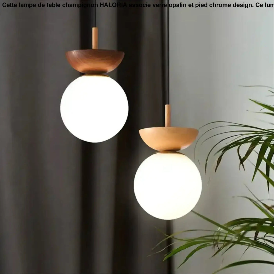 Suspension luminaire sinoa avec deux suspensions en verre opale à coupe en bois chaleureux style scandinave