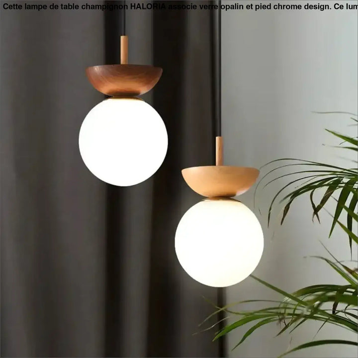 Suspension luminaire sinoa avec deux suspensions en verre opale à coupe en bois chaleureux style scandinave