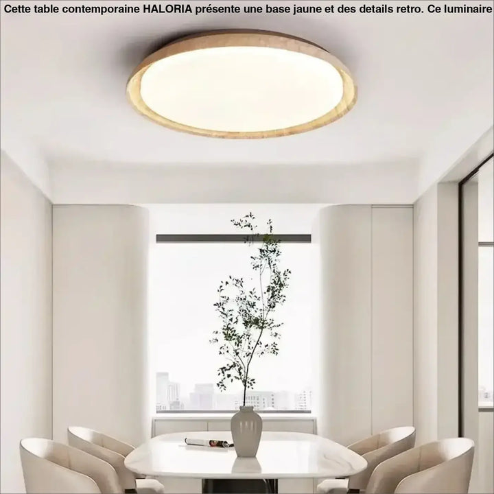 Luminaire plafonnier koru avec source lumineuse blanche chaude et anneau extérieur en bois naturel