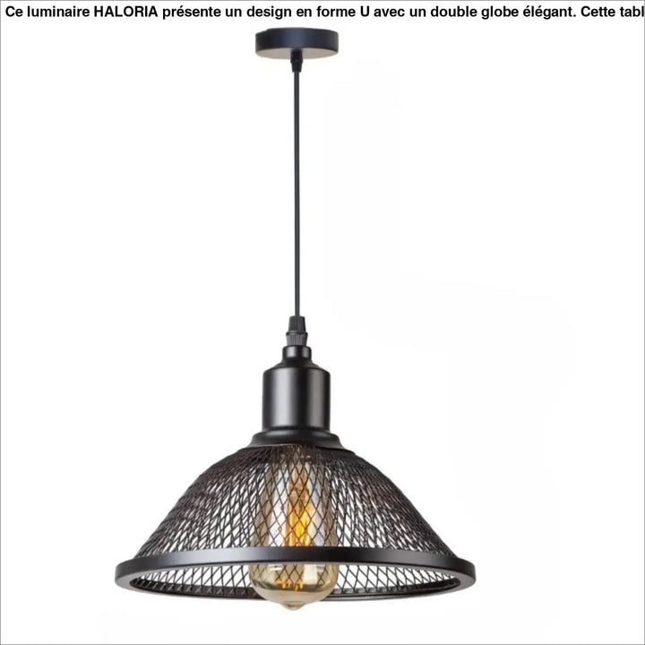 Suspension luminaire meshka en métal noir avec cage en maille et ampoule à filament apparente