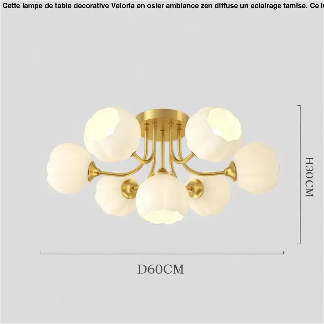 Suspension luminaire luxueuse en ton or avec six abat-jours en verre givré en forme de fleur