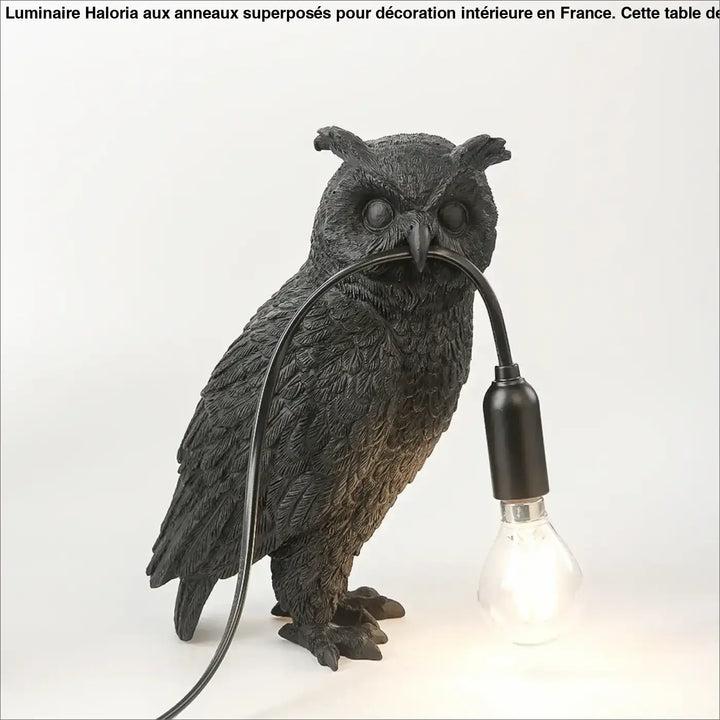 Lampe de table owly noire en forme de hibou avec surface texturée plumes et ampoule visible pour décoration intérieure au caractère affirmé