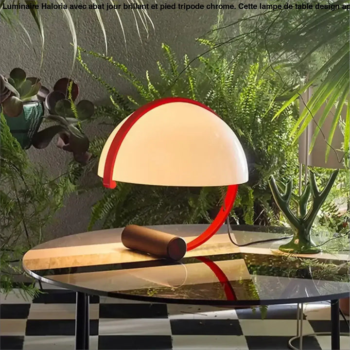 Lampe de table arcena avec abat-jour demi lune aux courbes rouge et blanc translucide moderne et élégant