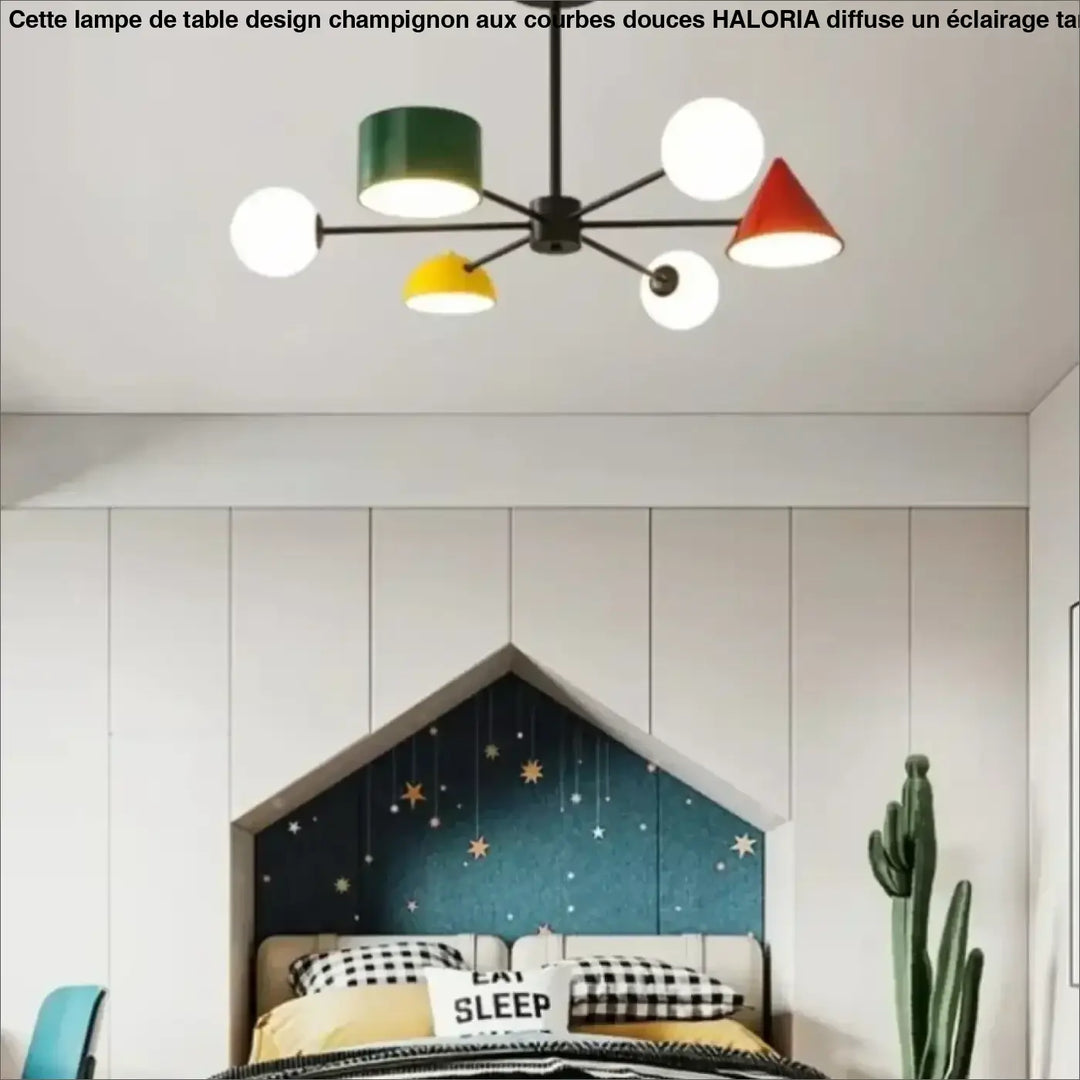 Suspension luminaire CONTRI avec bras en métal noir et abat-jours colorés cylindriques, sphériques et coniques en vert, blanc, jaune et rouge
