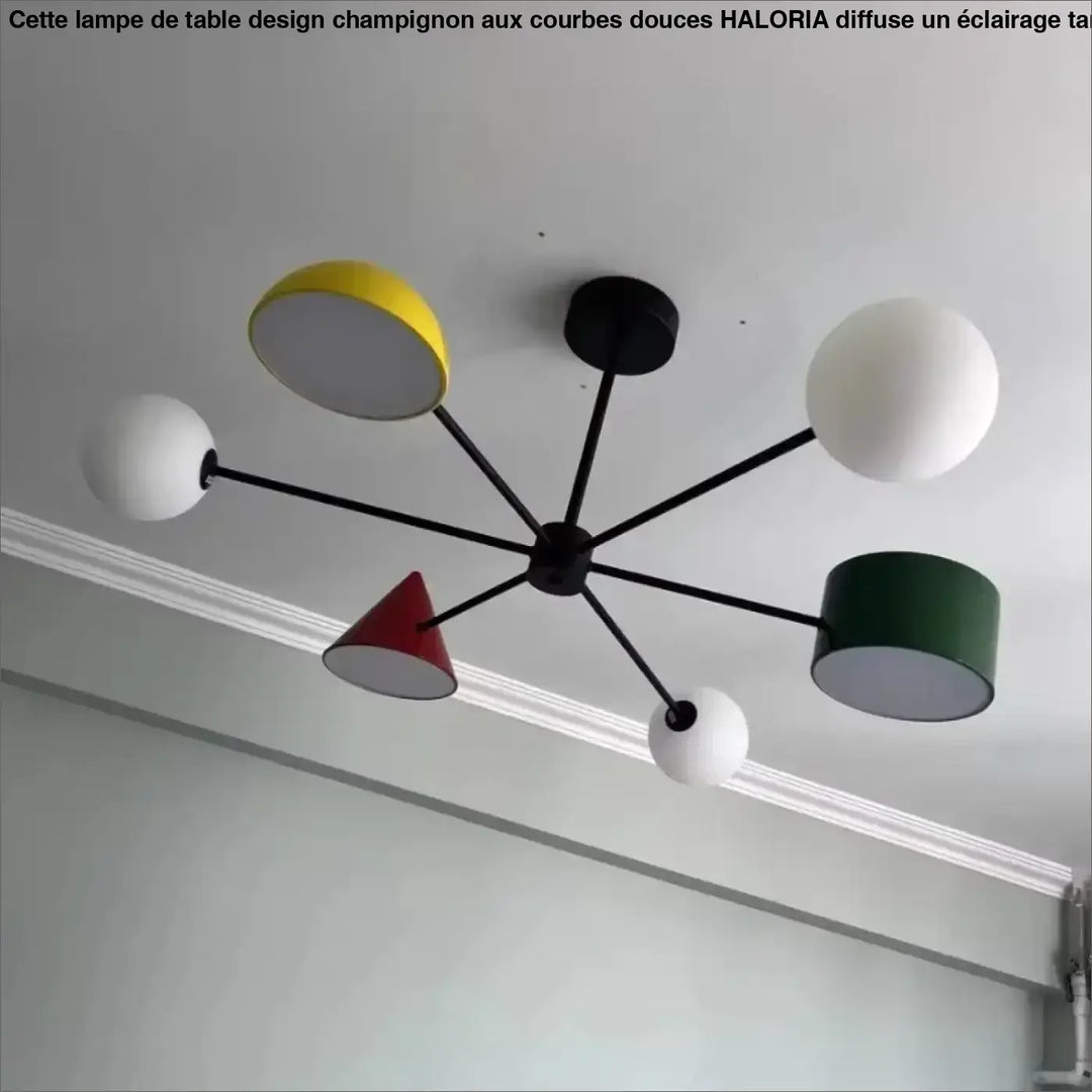 Suspension luminaire Contri avec bras en métal noir et abat-jour géométriques colorés jaune blanc rouge vert